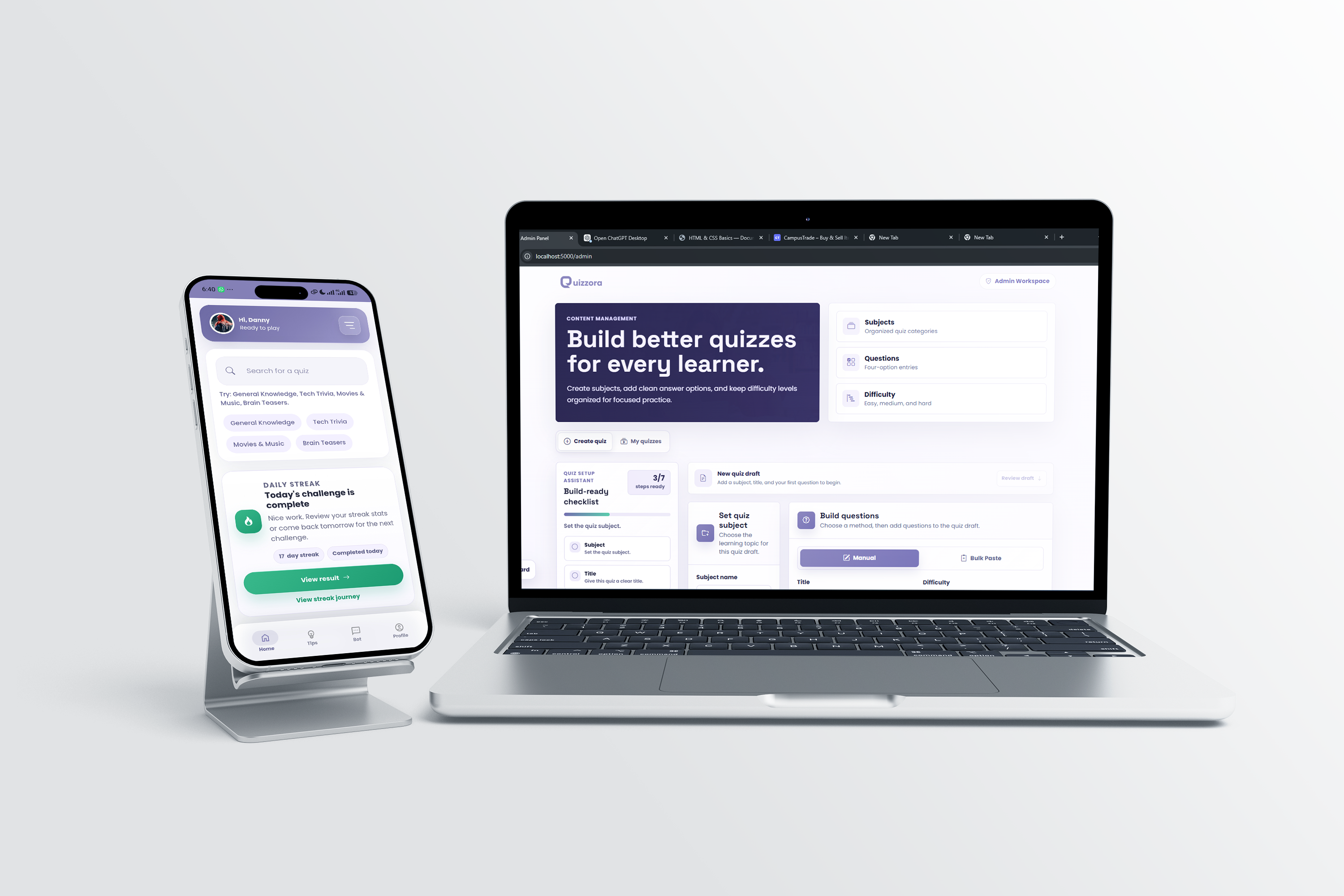 Quizzora creator workspace on laptop and learner dashboard on phone